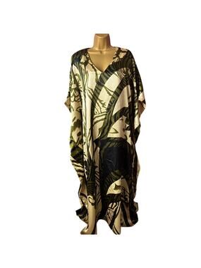 ASHRO Kaftan Tan Green Brown Silky One Size Caftan Dress Boho Lounge Resort Wear
